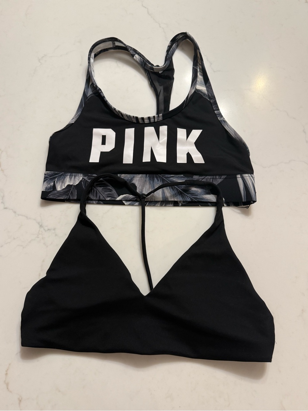 PINK Victoria's Secret Black Sports Bra with Gray Tropical Leaf Print Bundle